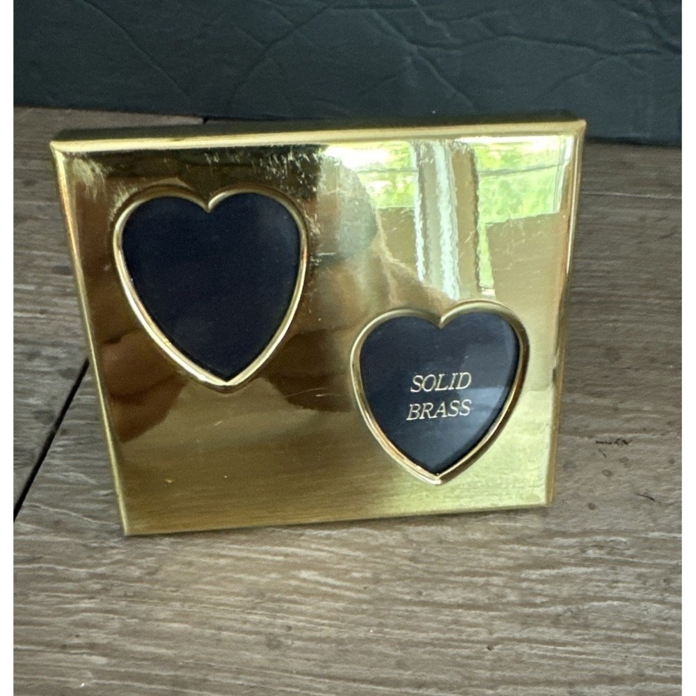 Vintage Solid Brass Double Heart Shaped Mini Picture Frame 3”x 2.75”